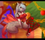  1girl 1girl 4_toes anthro black_bars blue_hair breasts canine clothed clothing digitigrade furry grey_eyes hair mammal navel nipples purrchinyan sitting smile toes wolf 