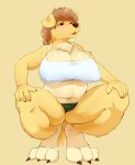  1girl 2016 anthro big_breasts black_nose blush bra breasts brown_hair canine chest_tuft claws cleavage clothed clothing crouching dog fur furry hair high_res hindpaw mammal masak9 navel original original_character panties paws red_eyes short_hair sweat thick_thighs tuft underwear yellow_fur 