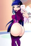  1girl ass black_eyeshadow cellphone chimera_(winx_club) clothed dark_blue_hair dat_ass female_only grey_eyes light-skinned_female long_hair mole_under_eye panties red_lipstick selfpic stockings winx_club zfive 