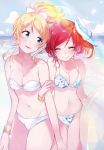  2girls ayase_eli bandeau beach bikini blonde_hair blue_eyes blush bracelet breasts cleavage closed_eyes fly_333 groin innertube jewelry locked_arms long_hair looking_at_another love_live! love_live!_school_idol_project multiple_girls navel nishikino_maki polka_dot ponytail red_hair redhead short_hair sky smile swimsuit 