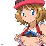  &gt;:( angry bloggerman blonde_hair blush breasts brown_eyes creatures_(company) eyebrows eyelashes game_freak humans_of_pokemon light-skinned_female looking_at_viewer medium_breasts nintendo non-english_tag open_shirt pokemon pokemon_(anime) pokemon_(game) pokemon_(series) pokemon_xy serena_(pokemon) shirt_lift shirt_open short_hair small_breasts sweatdrop うごたまろ 