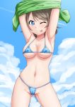 ;p anime ass_visible_through_thighs bikini blue_bikini blue_bra blue_eyes blue_panties blue_sky blush bra breasts cameltoe cloud condensation_trail cowboy_shot day daytime ecchi highres legs_apart light_brown_hair looking_at_viewer love_live! love_live!_(series) love_live!_school_idol_project love_live!_sunshine!! medium_breasts micro_bikini navel one_eye_closed outdoors panties rentarow0201 rentarow0201_(artist) sazanami_tarou shiny shiny_skin shirt_lift short_hair sky smile solo standing string_bikini swimsuit tehepero tongue tongue_out twitter underboob undressing watanabe_you wink