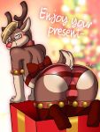 all_fours anthro antlers ass blush bow bulge cervine christmas clothed clothing collar drako1997 english_text eyewear fur furry gift glasses hair holidays horn legwear looking_back looking_down male male_only mammal presenting presenting_hindquarters reindeer smile stockings text topless underwear