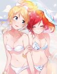  2girls ayase_eli bandeau beach bikini blonde_hair blue_eyes blush bracelet breasts cleavage closed_eyes fly_333 groin innertube jewelry locked_arms long_hair looking_at_another love_live! love_live!_school_idol_project multiple_girls navel nishikino_maki polka_dot ponytail red_hair redhead short_hair sky smile swimsuit 