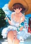  1girl artist_name bangs banner big_breasts blue_sky blunt_bangs blush bob_cut bottle bow bow_panties breasts brown_eyes brown_hair cleavage cloud collarbone dress dress_lift gluteal_fold grin hands hat high_res holding holding_bottle leaf leaning_forward lips looking_at_viewer no_bra nobori offering_drink original outside outstretched_arm panties pantyshot pantyshot_(standing) pink_panties ramune sasaoka_gungu short_hair sky sleeveless sleeveless_dress smile spaghetti_strap spilling standing straw_hat sun_hat sundress sweat teeth thigh_gap thighs tree underwear water water_bottle watermark white_dress wind wind_lift 