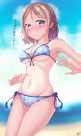 1girl beach bikini blue_bikini blue_eyes blush breasts brown_hair embarrassed floral_print looking_at_viewer love_live! love_live!_sunshine!! navel no_nose one-piece_tan short_hair side-tie_bikini solo swimsuit tan tan_line text totsumotsu translated underboob watanabe_you