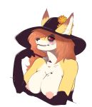  1girl 1girl anthro breasts brown_fur brown_hair canine fox fur furry hair looking_at_viewer lunarii mammal nipples red_eyes smile white_fur yellow_fur 