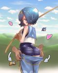 1girl ass blue_eyes blue_hair blue_pants blue_sky blush cloud creatures_(company) day directional_arrow disembodied_limb fishing_rod from_behind game_freak hairband heart highres holding holding_fishing_rod humans_of_pokemon lana_(pokemon) nintendo one-piece_swimsuit outdoors pants pants_pull pokemon pokemon_(anime) pokemon_(game) pokemon_sm pokemon_sun_&_moon popplio sailor_collar school_swimsuit shirt short_hair sitouanang skin_tight sky sleeveless sleeveless_shirt solo_focus suiren_(pokemon) swimsuit swimsuit_under_clothes trial_captain