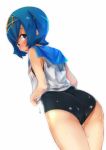 1girl ass blue_eyes blue_hair blush creatures_(company) from_behind game_freak hairband humans_of_pokemon lana_(pokemon) looking_at_viewer looking_back nintendo one-piece_swimsuit pokemon pokemon_(anime) pokemon_(game) pokemon_sm pokemon_sun_&_moon sailor_collar shirt short_hair sleeveless sleeveless_shirt solo souzando suiren_(pokemon) swimsuit swimsuit_under_clothes trial_captain wet wet_clothes wet_shirt wet_swimsuit white_background