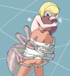 1boy 1girl akai_(artist) arachnid art arthropod bdsm blonde blonde_hair blue_eyes blush bondage breath brown_hair duo girl_on_top hair head_grab humanoid male male/female monster_girl monster_girl_(genre) nude pixiv_id_251370 rape sex short_hair spider spider_girl spider_web standing