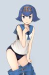 1girl :o absurdres bangs bare_arms bare_shoulders black_swimsuit blue_eyes blue_hair blue_pants blush bright_pupils contrapposto creatures_(company) crop_top game_freak grey_background hair_between_eyes hairband highres humans_of_pokemon koretsuki_aduma lana_(pokemon) looking_at_viewer nintendo one-piece_swimsuit open_mouth pants pants_pull pokemon pokemon_(anime) pokemon_(game) pokemon_sm pokemon_sun_&_moon sailor_collar shirt shoes short_hair simple_background sleeveless sleeveless_shirt solo suiren_(pokemon) swimsuit swimsuit_under_clothes trial_captain undressing