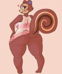 1girl animal_crossing anthro ass big_ass big_breasts blush bottomless breasts clothed clothing eyeshadow furry hand_on_hip heart lipstick looking_at_viewer looking_back makeup mammal nintendo pecan_(animal_crossing) purple_lips rear_view rodent shirt signirsol simple_background smile squirrel standing thick_thighs video_games wide_hips