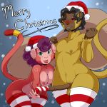  1girl 2016 anthro areola bent_over black_hair blue_background blue_eyes breasts brown_fur brown_nipples christmas christmas_outfit condom duo ear_piercing english_text fur furry hair hat holidays long_hair long_penis looking_at_viewer mac_(caramel-kitteh) male male/female mammal monkey mostly_nude nan_(nightfaux) nightfaux nipple_piercing nipples original penis piercing pink_fur pink_nipples primate purple_hair raised_tail red_eyes sack signature simple_background smile stripes testicles text wide_hips 