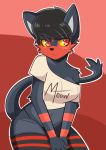 1girl anthro blush breasts clothing fur furry grey_fur koimii legwear litten navel nintendo panties pokémon red_eyes shirt simple_background stockings text underwear video_games