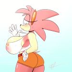 1girl accessory amy_rose anthro ass big_ass big_breasts blue_background blush bodily_fluids bottomwear breasts clothing curvy_figure eulipotyphlan furry gloves handwear headband hedgehog high_res hourglass_figure mammal ota_(artist) sega shirt shorts side_boob simple_background sonic sonic_the_hedgehog_(series) sweat tank_top thick_thighs topwear translucent translucent_clothing voluptuous