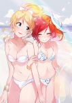  2girls ayase_eli bandeau beach bikini blonde_hair blue_eyes blush bracelet breasts cleavage closed_eyes fly_333 groin innertube jewelry locked_arms long_hair looking_at_another love_live! love_live!_school_idol_project multiple_girls navel nishikino_maki polka_dot ponytail red_hair redhead short_hair sky smile swimsuit tumblr 