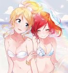  2girls ayase_eli bandeau beach bikini blonde_hair blue_eyes blush bracelet breasts cleavage closed_eyes fly_333 groin innertube jewelry locked_arms long_hair looking_at_another love_live! love_live!_school_idol_project multiple_girls navel nishikino_maki polka_dot ponytail red_hair redhead short_hair sky smile swimsuit twitter 