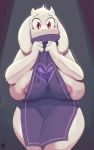 <3 1girl 1girl 2018 anthro apron big_breasts breasts caprine clothing delta_rune eyelashes fur furry goat horn huge_breasts long_ears looking_at_viewer mammal nervous nipple_slip nipples peculiart red_eyes simple_background standing thick_thighs toriel tuft undertale underwear video_games white_fur