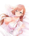  1girl 1girl 1girl arisugawa_natsuha arm_at_side arm_behind_head bangs bed bed_sheet black_eyes blush breasts breasts_out_of_clothes clavicle eyebrows_visible_through_hair high_resolution idolmaster kaiga long_hair looking_at_viewer lying nipples no_bra on_back parted_bangs red_hair shirt smile the_idolm@ster:_shiny_colors upper_body viewed_from_above white_shirt 