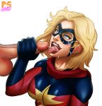 1boy 1girl avengers blonde blonde_hair blue_eyes bodysuit carol_danvers clothed_female_nude_male cum cum_on_face cum_on_hair cum_on_tongue erection female female_human handjob human male male/female marvel marvel_comics mask ms._marvel open_mouth penis pumpkinsinclair superheroine tongue_out white_background