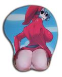 1girl ass ass_crack ass_mousepad big_ass big_breasts blue_hair breasts dress from_behind grabbing_own_ass large_ass large_breasts looking_at_viewer looking_back madkaiser mask mousepad mousepad_(medium) nintendo ohmyoppai panties red_dress shy_guy shygal sideboob simple_background super_mario_bros. upskirt white_background