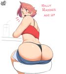 1girl ass big_ass buttholemagick huge_ass looking_back rally_(buttholemagick) red_hair round_ass shocked short_hair short_shorts sitting tank_top thong