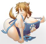  1girl all_fours animal_ears apron bangs breasts brown_hair cleavage cleavage_cutout fang huge_breasts lass_(matsu-sensei) long_hair looking_at_viewer matsu-sensei naked_apron nude paw_print tail thick_thighs yellow_eyes 