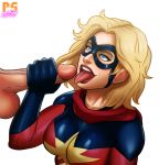 1boy 1girl avengers blonde blonde_hair blue_eyes bodysuit carol_danvers clothed_female_nude_male erection female female_human handjob human imminent_cumshot male male/female marvel marvel_comics mask ms._marvel open_mouth penis pumpkinsinclair superheroine tongue_out white_background