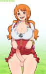 afrobull big_breasts big_penis big_testicles breasts cleavage female futanari nami no_panties one_piece penis solo tease testicles