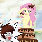  1girl blush breasts cake_(food) chocolate_cake danielita equestria_girls female fluttershy fluttershy_(mlp) friendship_is_magic my_little_pony nude pop_out_cake 