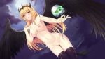  16:9_aspect_ratio 1girl 1girl angel_wings black_wings blonde blush breasts crown eyebrows_visible_through_hair fist_of_love high_resolution long_hair medium_breasts nipples nude skull stockings wings yellow_eyes 