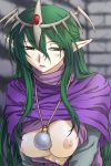 1girl areola areolae breasts circlet elf fire_emblem fire_emblem:_monshou_no_nazo fire_emblem:_shadow_dragon fire_emblem:_shin_ankoku_ryuu_to_hikari_no_tsurugi green_eyes green_hair headdress jewelry long_hair michael nagi nagi_(fire_emblem) necklace nipples open_clothes open_shirt pointy_ears shirt solo