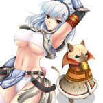 1girl aqua_eyes arm_up armor armpits arms_up bandeau bangs bell belt big_breasts bikini_armor blue_hair breasts cameltoe capcom cat cleavage coat crop_top dutch_angle elbow_gloves erect_nipples felyne fur_trim gloves hairband horn jingle_bell kirin kirin_(armor) kizuki_aruchu large_breasts loincloth looking_at_viewer midriff monster_hunter navel nekoht orange_eyes panties pouch print_panties printed_panties red_eyes shadow shirt shitapai simple_background smile solo standing strapless taut_clothes taut_shirt thighhighs tubetop underboob underboob* underwear white_background white_hair white_legwear white_panties zettai_ryouiki