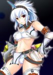 1girl :p bandeau belt breasts capcom cleavage elbow_gloves gloves hairband horn kirin kirin_(armor) kizuki_aruchu large_breasts midriff monster_hunter panties red_eyes solo thighhighs tongue tongue_out tubetop underboob underwear white_hair