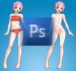 1girl areolae bikini bleach blush edited flat_chest kagami_hirotaka kusajishi_yachiru navel nipples nude open_mouth photoshop pink_hair pussy shaved_pussy short_hair standing teeth tongue