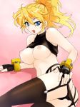  1girl banpresto blonde_hair blue_eyes breasts excellen_browning fingerless_gloves garter_belt lingerie long_hair michael panties panty_pull ponytail shirt_lift solo super_robot_wars thighhighs underwear 