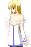 1girl blonde_hair blush breasts colette_brunel flat_chest long_hair looking_away nipples open_clothes open_shirt pantyhose shirt small_breasts solo tales tales_of_(series) tales_of_symphonia undressing