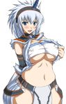  1girl akino_hamo big_breasts blue_eyes breasts capcom curvy erect_nipples hairband hamo hamo_(anarc) hips kirin kirin_(armor) large_breasts monster_hunter navel solo underboob wide_hips 