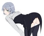 1girl all_fours ass bent_over black_legwear black_pantyhose green_eyes ko-yan panties panty_pull pantyhose pantyhose_pull parted_lips sanya_v_litvyak short_hair silver_hair solo strike_witches underwear undressing