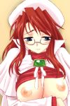  1girl aty aty_(summon_night) blue_eyes blush breasts glasses michael nipples red_hair shirt_lift solo summon_night summon_night_3 