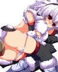  1girl albino bad_id blush breasts capcom censored cum elbow_gloves empty_eyes gloves kirin kirin_(armor) monster_hunter narura panties panty_pull penis pussy red_eyes solo_focus thighhighs underboob underwear white_hair white_panties 