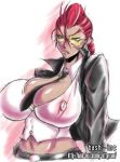 bash bash-inc belt between_breasts big_breasts braid breasts capcom cleavage crimson_viper crimson_viper_(cosplay) dark_skin earrings erect_nipples huge_breasts jacket jewelry leather lipstick makeup midriff muscle necktie nipples open_clothes open_shirt pixiv_thumbnail red_hair resized shirt slut street_fighter street_fighter_iv sunglasses whore