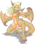  1girl animal_ears anthro anthrofied blonde_hair blue_eyes breasts capcom cute dragon dragon_girl maebari midriff monster_girl monster_hunter open_mouth panties revealing_clothes solo tagane tail teeth tigrex underboob underwear wings wyvern 