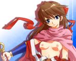  aoi blue_eyes breasts brown_hair hair_ribbon hair_ribbons long_hair michael nipples open_clothes ribbon ribbons tengai_makyou 