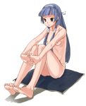  1girl bangs barefoot blue_hair blunt_bangs ei_(pixiv) feet feet_together flat_chest hair_tubes hands kannagi long_hair nagi nude purple_eyes ribs sitting small_breasts soles solo toes yada_ei 