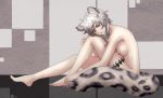 1girl 1girl 1girl animal_ears arknights bare_legs barefoot breasts cliffheart_(arknights) closed_mouth feet hair_between_eyes in_profile knee_to_chest large_tail leaning_forward legs leopard_ears leopard_tail lim_aya_w lips looking_at_viewer medium_breasts medium_hair nipples nude patterned_background silver_eyes silver_hair sitting smile snow_leopard_ears snow_leopard_tail tail thigh_strap