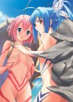  2girls blue_eyes blue_hair blue_nails braid breasts capcom covering covering_breasts daimyo_hermitaur hair_ribbon hair_ribbons long_nails monster_girl monster_hunter multiple_girls nail_polish navel nude nude_cover orange_eyes personification pink_hair ponytail pubic_hair pubic_tattoo pussy ribbon ribbons shell shogun_ceanataur short_hair tattoo uncensored yasu yasuyuki 