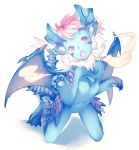 1girl blue_skin capcom chimera dragon_girl fur horns lunastra monster_girl monster_hunter nishieda paws pink_hair pointy_ears red_eyes solo tail wings