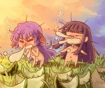  2girls blue_hair food fruit furude_rika hanyuu higurashi_no_naku_koro_ni horns long_hair multiple_girls nekokun nude purple_hair rika_furude saliva sneeze sneezing watermelon 