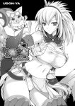 1girl bandeau breasts capcom erect_nipples felyne goggles hairband kirin kirin_(armor) kizuki_aruchu large_breasts loincloth mafumofu_(armor) monochrome monster_hunter see-through thighhighs